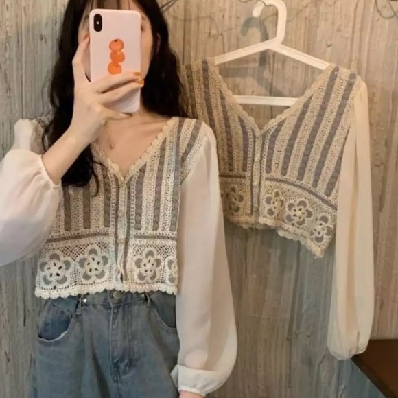 Floral Blouse crochet embroidery cropped French style knit chiffon puff cream - Picture 8 of 8